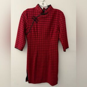 Red and Black Asymmetrical Sheath Dress with Mock Neck